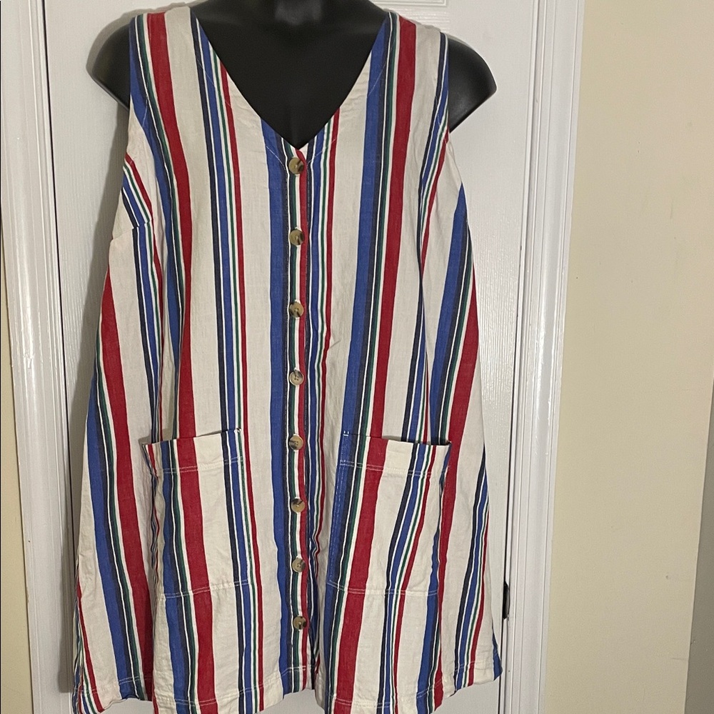 Striped Button-Front Open Sundress w:Pockets - Red, Blue,White w/Green pinstripe